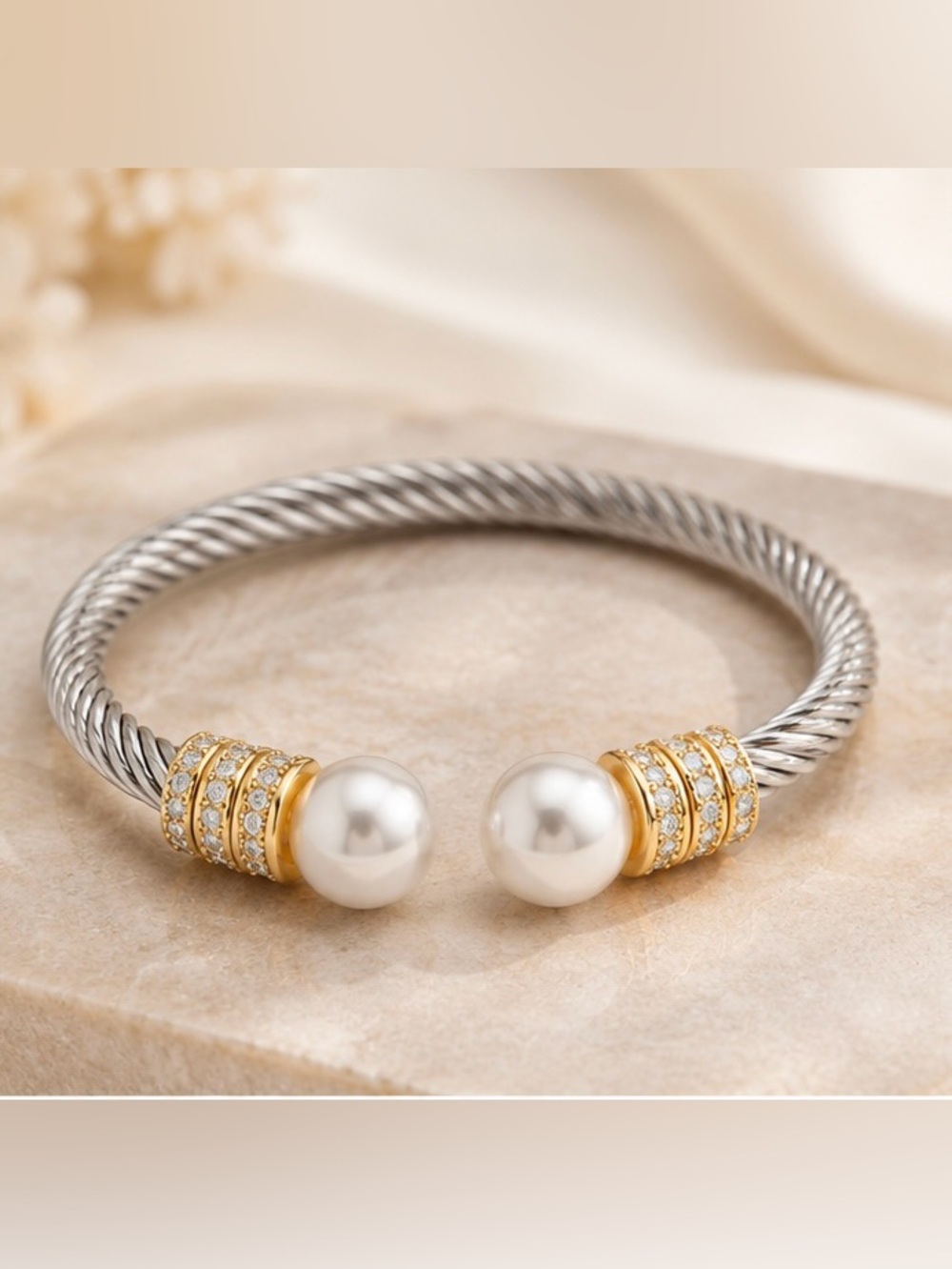 Two Tone Cable Cuff Bracelet Pearl Crystal Gold Silver Tone Statement Jewelry